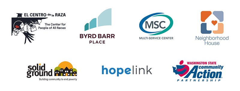 The logos of six Community Action Agencies: El Centro de la Raza, Byrd Barr, Multi-Service Center, Neighborhood House, Solid Ground, and HopeLink.