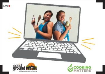Graphic of two women in aprons, standing back-to-back, on a laptop screen, with the Solid Ground and Cooking Matters logos