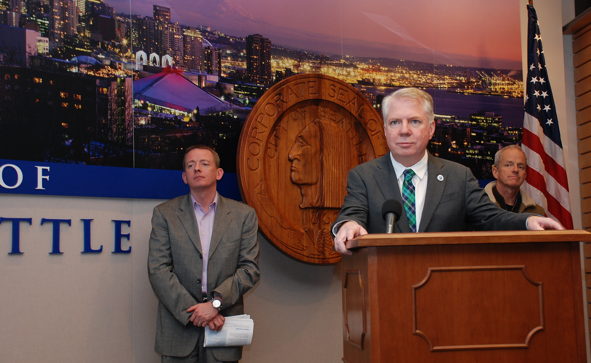 Mayor Mike Murray holds a press conference with co-chairs of the Income Inequality Advisory Committee, David Rolf of SEIU 775NW, and Howard Wright of Seattle Hospitality Group 