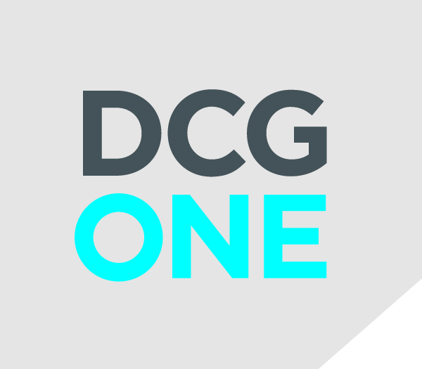 DCG ONE logo with dark grey and aqua text