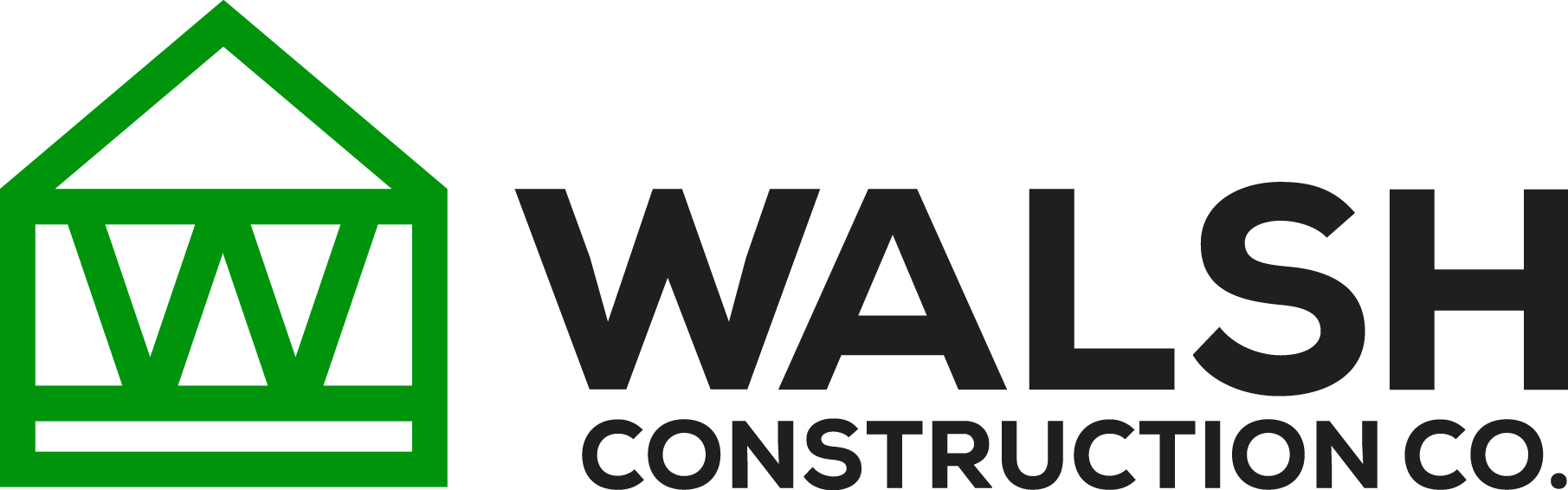 WALSH CONSTRUCTION CO. logo in dark grey lettering with a green graphic