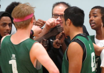 Coach and the team huddle during a timeout