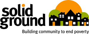 Black, olive green and orange Solid Ground logo with the tagline Building community to end poverty.