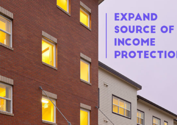 Apartment building with words overlaid: "expand source of income protections"