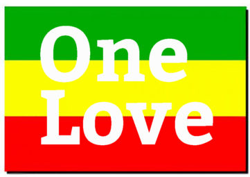 Rasta flag with words One Love superimposed