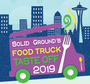 Graphic of purple truck in front of a navy blue Seattle cityscape for Solid Ground's 8/8/19 Food Truck Taste Off event