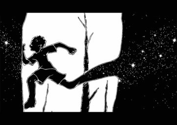 Black & white painting of a boy running away with stark trees in the background