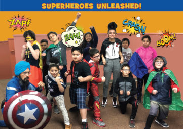 Vishavjit Singh, the Sikh Captain America, poses with cartoon artists from Sand Point Housing, unleashing their inner superheroes!
