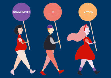 Graphic of three people marching holding signs reading "Communities In Action"