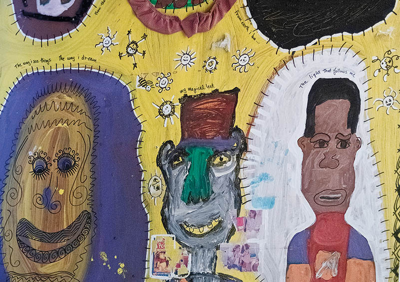 Mural by Broadview Shelter resident youth: “From the sky i smile/ My hope tree / From earth i be/ The way i see things/ The way i dream/ My magical hat/ The light that follows me” (photo by Chris Villiers)