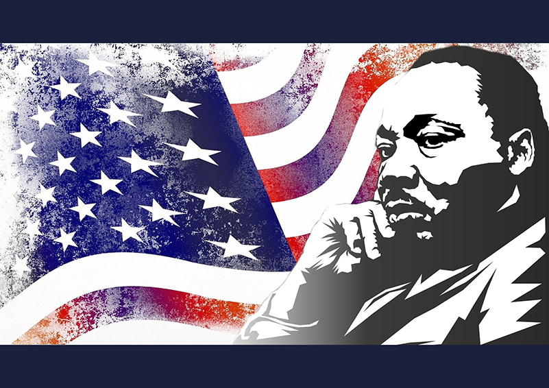 Artistic graphic of MLK with a waving American flag