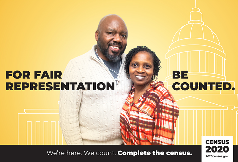 US Census poster picturing an African-American couple w/ the text: "For fair representation, be counted."