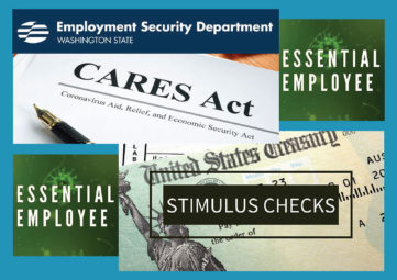 Collage of word images: Employment Security, Essential Employee, CARES Act & Stimulus Checks
