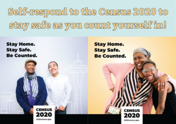 Graphic encouraging people to stay home, stay safe, and self-respond to the Census 2020.