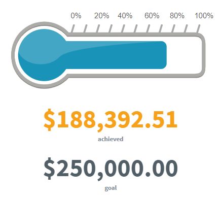 Blue horizontal thermometer showing the amount donated ($188,392).