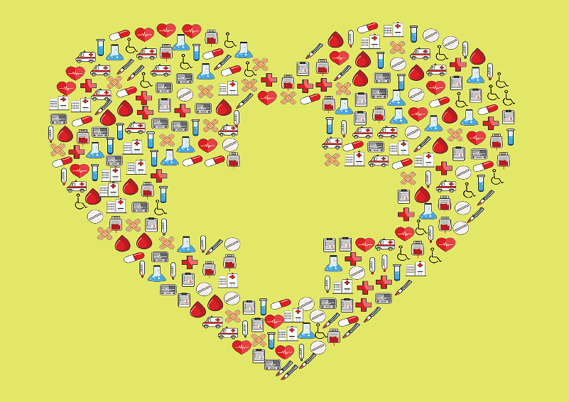 Graphic of a heart with healthcare symbols on a yellow background