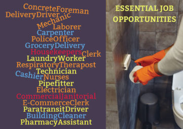 Word cloud of essential worker job opportunities with a photo of a cleaner in orange gloves replacing toilet paper