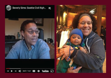 Memorial collage of Seattle labor rights icon Bev Sim, left side screenshot of a video interview, right side Bev holding her baby grandson