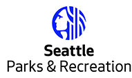 Seattle Parks & Recreation logo, bright blue circular graphic representing Chief Sealth, with black text.