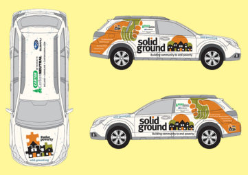 Mockup designs of three Subaru Outlook cars with Solid Ground and Carter Subaru logos on a pale yellow background