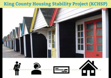 Colorful row of small houses with the text King County Housing Stability Project (KCHSP) above it, and black icons depicting the journey to housing below