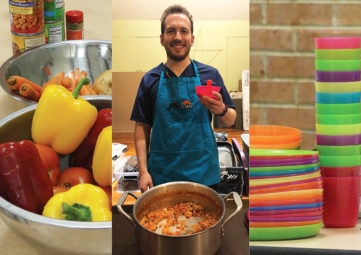 Three photos 1) multi-color bell peppers in an aluminum bowl with canned foods, 2) Volunteer in teal apron behind a big pot of food, 3) colorful stacks of plastic plates and cups with a brick wall behind