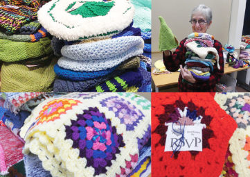 collage of colorful knitted items with a petite grey-haired lady, holding a huge stack of knitted items, in the upper right frame