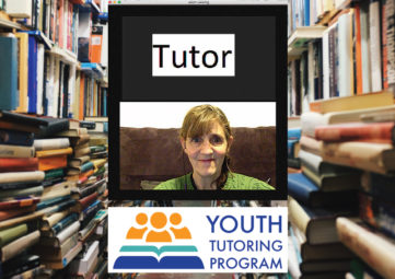 Mockup of a virtual Tutor on a screen, above the YOUTH TUTORING PROGRAM logo, with a photo of library book stacks in the background