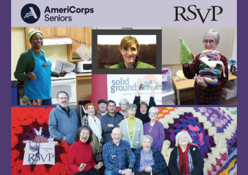 Collage of senior volunteer photos: Teaching a cooking class, virtual tutoring, holding knitted items, and posing for a fun picture. RSVP logo in black lettering and AmeriCorps Seniors logo in navy lettering.
