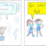 Youth drawing of three people commenting on the COVID-19 vaccine: 'Can kids get vaccinated?' and 'Be safe!!'