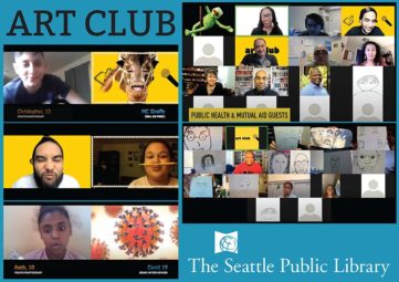 ART CLUB Collage of video screenshots and The Seattle Public Library logo in white on a blue background