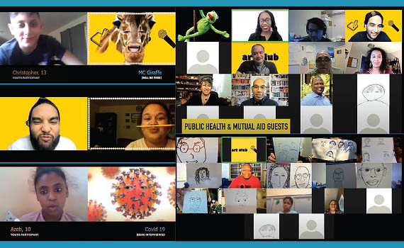Collage of screenshots from a video depicting youth and teaching artists discussing COVID-19