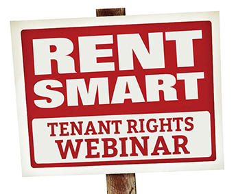 red and white graphic of sign reading RENT SMART TENANT RIGHTS WEBINAR