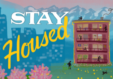 A colorful banner reading "Stay Housed"