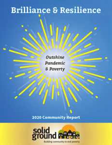 Solid Ground's 2020 Community Report cover in bright sky blue and gold, with a sunburst graphic in the middle, and the text Brilliance & Resilience Outshine Pandemic & Poverty