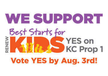 Logo for a King County ballot initiative in purple, orange, and black text that reads WE SUPPORT - RENEW Best Starts for KIDS - YES on KC Prop 1 - Vote YES by Aug. 3rd!