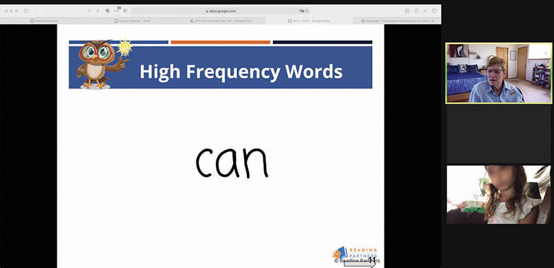 Zoom tutoring session with a white-haired senior woman tutoring a little brown-haired girl in reading. The screen title bar reads High Frequency Word with the word 'can' beneath it.