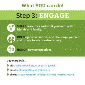 Square infographic with green and light green header backgrounds reading: What YOU can do! Step 3: ENGAGE