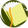 Round icon with a yellow book on a forest green background