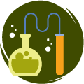 Round icon with science lab beakers on a forest green background