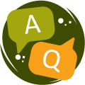 Round icon with Q and A thought bubbles on a forest green background