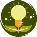 Round icon with a lightbulb blossoming above a plant stem/leaves on a forest green background