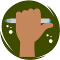 Round icon with a brown hand holding a pen on a forest green background
