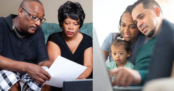 Left side: a man and woman sit on a couch, looking at papers and a laptop. Right side: Mom and dad with a disabled baby smile looking at a laptop.