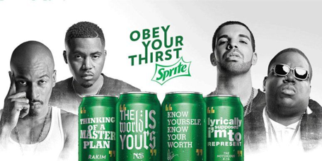 OBEY YOUR THIRST Sprite ad with green soda cans with quotes from 4 Black celebrities, pictured in black and white
