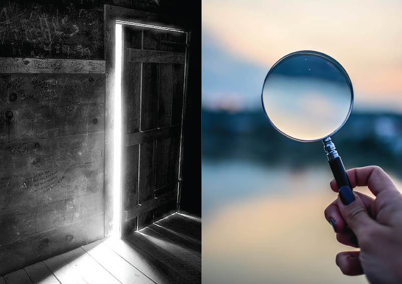 Two side-by-side images: A black and white illustration of light pouring through a cracked door, and a hand holding a magnifying glass looking out toward a serene lake