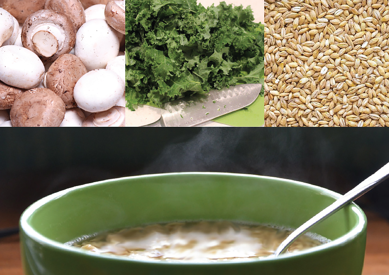 Collage of raw mushrooms, chopped kale and barley grains above a steaming light green bowl of soup