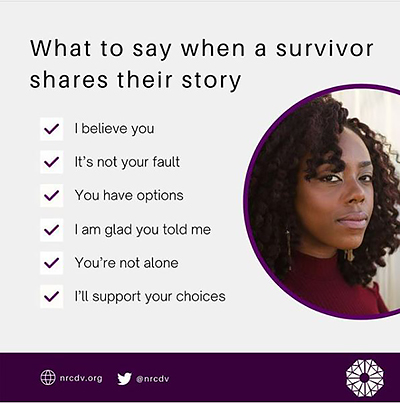 Graphic reading "What to say when a survivor shares their story" with a circular portrait of a Black woman.