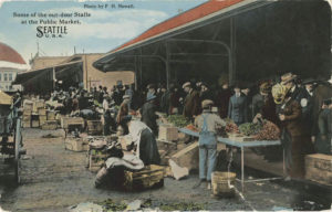Vintage postcard of outdoor stalls at Seattle's Pike Place Market