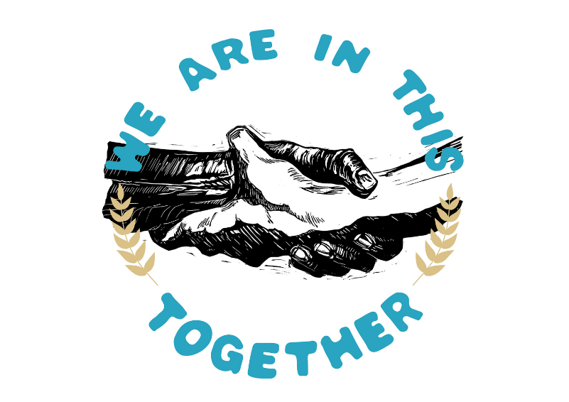 Two hands, one black and one white, clasped together under the words "We are in this together"